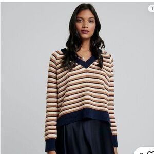 Madewell Arden V-Neck Striped Sweater - Navy, Cream, Brown - 100% Cotton